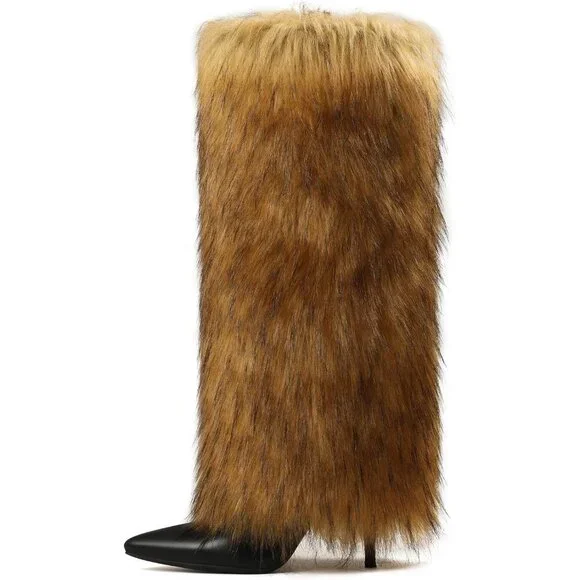 Womens L Brown Fur Knee High Boots with Heel Wide Calf Tall Fold Over Party Boot - Picture 1 of 6